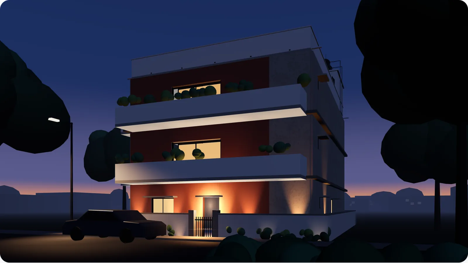 3D view of the planned building at dusk: three floors, balconies, terrace and tank, seen from the street