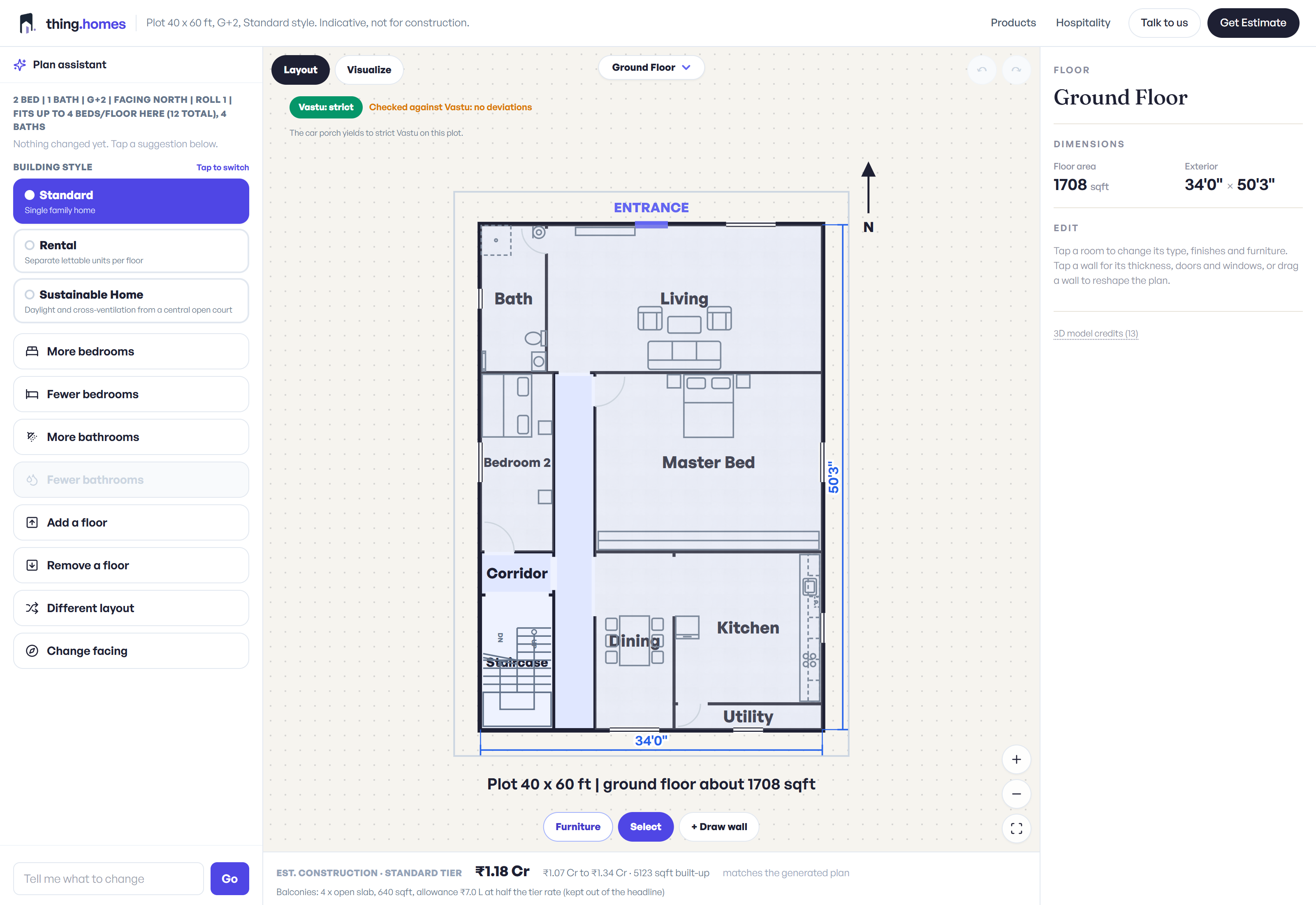 The plan screen: a drawn layout beside controls for building style, bedrooms, bathrooms, floors and facing